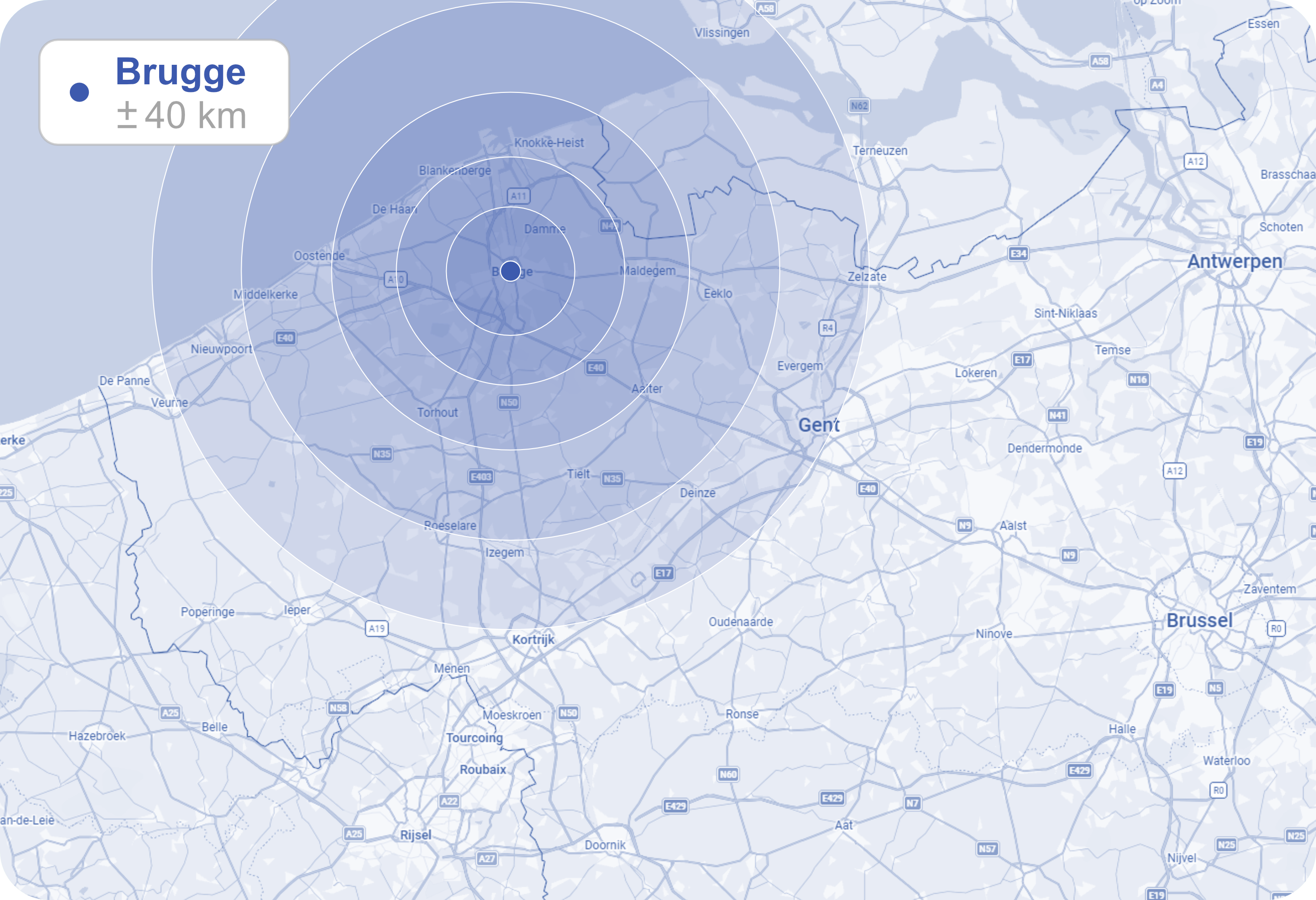 Gestileerde kaart van Vlaanderen met een werkzone van ongeveer 40 kilometer rond Brugge.